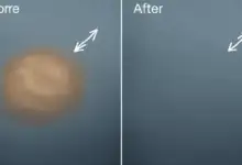 close up of a garment with a visible bronzer stain before and after treatment create in horizontal format do not write text on image