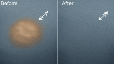 close up of a garment with a visible bronzer stain before and after treatment create in horizontal format do not write text on image