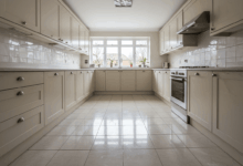 shining kitchen tiles after thorough cleaning with a sparkling reflection in a tidy kitchen environment create in horizontal format do not write text on image