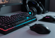 a detailed shot of gaming equipment such as a colorful keyboard mouse and headset on a clean desk create in horizontal format do not write text on image