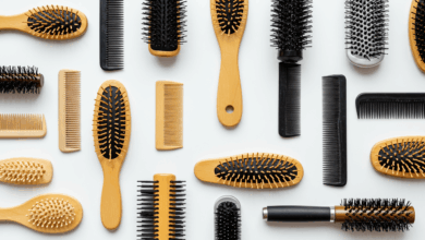 various types of hairbrushes and combs arranged neatly showing cleanliness create in horizontal format do not write text on image
