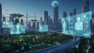 futuristic city under a benevolent AI government with holographic projections of citizen participation