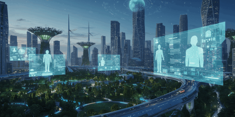 futuristic city under a benevolent AI government with holographic projections of citizen participation