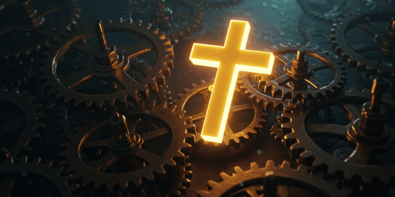 a conceptual image of the relationship between faith and reason represented by intertwining gears and a cross