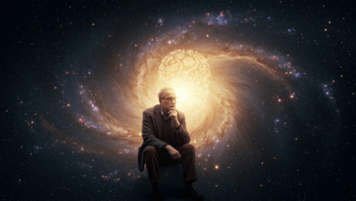 a philosopher contemplating the interconnectedness of societal phenomena with a backdrop of a swirling cosmos and glowing intellectual light