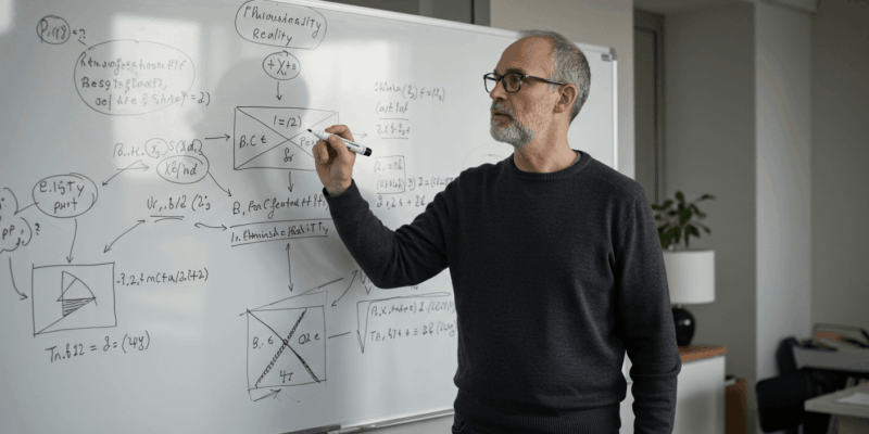 a modern philosopher at a whiteboard contemplating the relationship between language and reality with complex diagrams