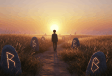a solitary figure walking on a path with abstract philosophical symbols representing self-creation and responsibility