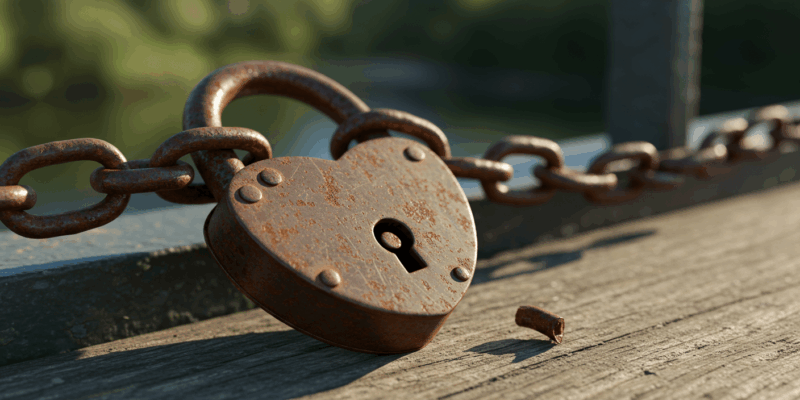 A heart shaped lock with a broken chain representing the end of a forbidden love and the beginning of healing and self love