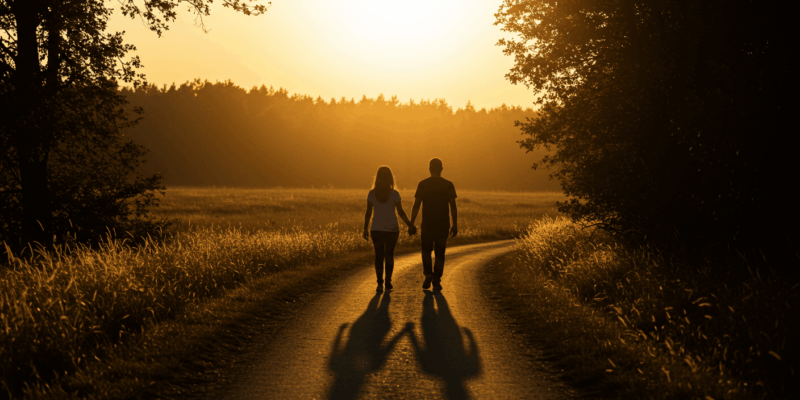 a silhouette of two people walking together on a path representing a long term journey and shared vision with a calm and reflective mood