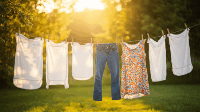 fresh and clean laundry hanging to dry in sunlight create in horizontal format do not write text on image