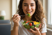a woman eating a healthy salad with fresh vegetables and fruits smiling