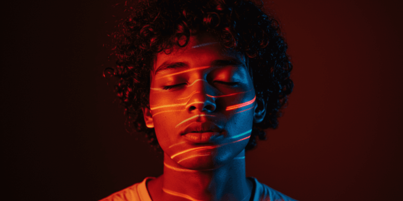 A person feeling a rush of emotions with a visible heart beat and a dreamy expression on their face surrounded by swirling colorful lights abstract representation of love's chemistry