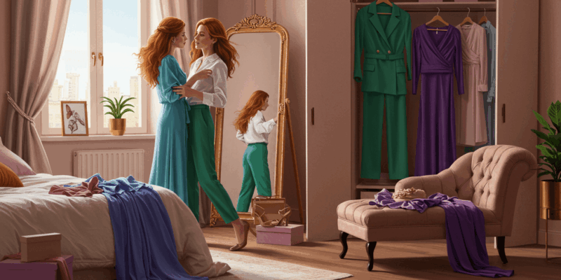 A person choosing an outfit for a date with different color options like blue green and purple in a stylish bedroom