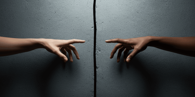 hands reaching out to connect but separated by a wall