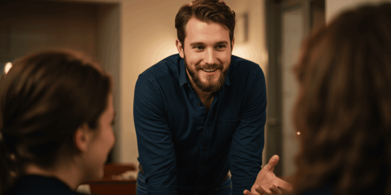 man showing subtle signs of interest through body language like leaning in and prolonged eye contact