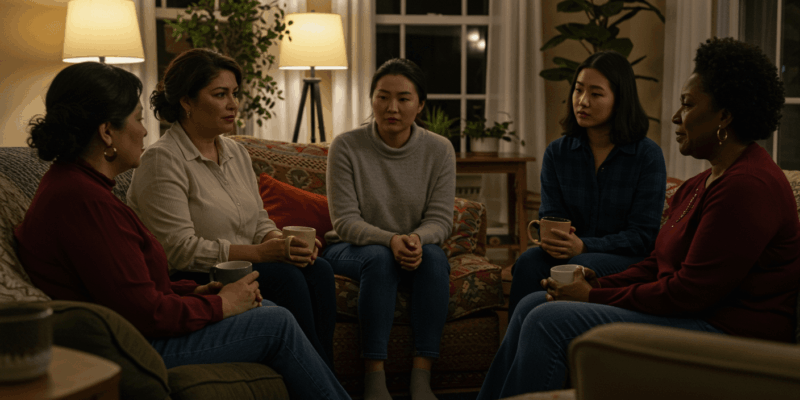 a diverse group of women supporting each other in a warm inviting space conveying the importance of social support and community during difficult times
