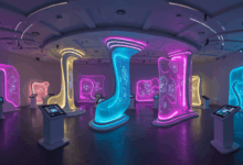 a futuristic art gallery showcasing interactive digital art installations with glowing elements