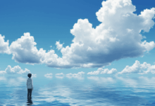 A serene blue sky with fluffy white clouds symbolizing peace and tranquility a calm blue ocean with gentle waves reflecting the sky a person looking up at a vast blue sky feeling a sense of calm and wonder