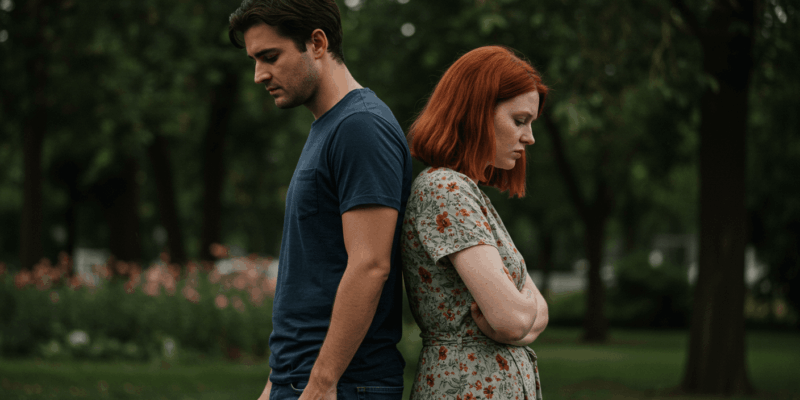 a couple facing away from each other symbolizing communication breakdown and emotional distance