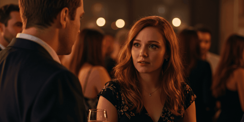 A woman confidently interpreting a man's non-verbal cues in a social gathering with a curious expression