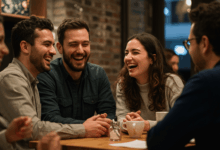 A couple laughing together in a cozy cafe a man and a woman in a deep and engaging conversation eyes sparkling with understanding a diverse group of people engaged in a heartfelt discussion showcasing empathy and connection