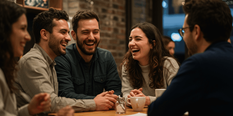 A couple laughing together in a cozy cafe a man and a woman in a deep and engaging conversation eyes sparkling with understanding a diverse group of people engaged in a heartfelt discussion showcasing empathy and connection