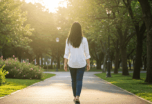 A woman confidently walking alone in a park with sunlight symbolizing independence and self-reliance