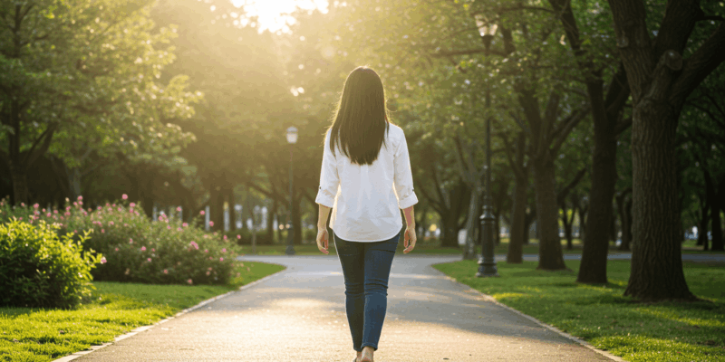 A woman confidently walking alone in a park with sunlight symbolizing independence and self-reliance