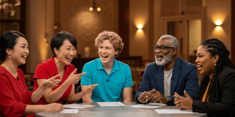 A diverse group of people engaged in lively discussions