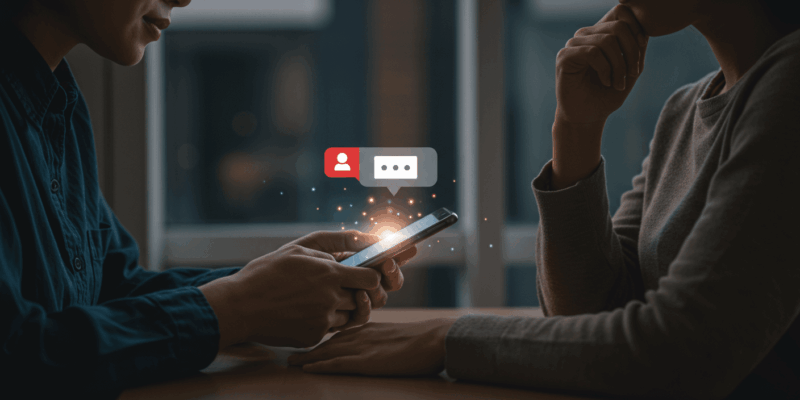 a person looking at their phone with a thoughtful expression a message notification on a smartphone screen with blurred background two people reconnecting through a glowing message on a device