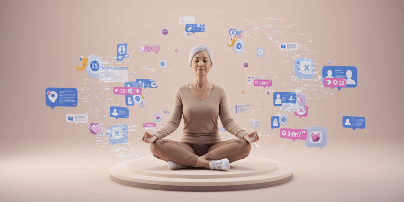 A serene individual meditating or finding peace surrounded by digital elements representing detachment from online drama and focusing on inner calm