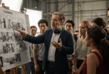 a film director on a movie set explaining the concept of a flashback to actors with a storyboard in the background