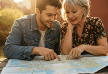 a man and a woman looking at a map planning a trip together