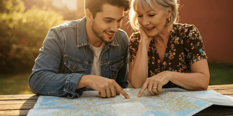 a man and a woman looking at a map planning a trip together