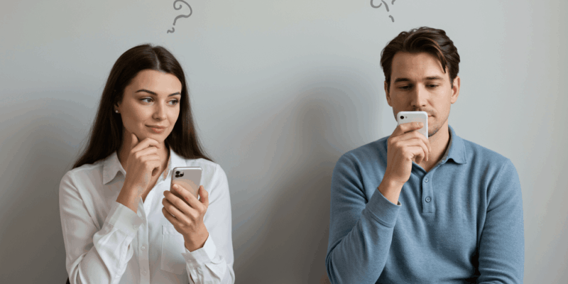 a thoughtful woman looking at her phone wondering why he is not texting back a man looking at his phone with a busy expression a couple communicating face to face showing happiness