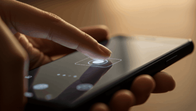 A person's finger gently resting on a modern smartphone camera's virtual shutter button