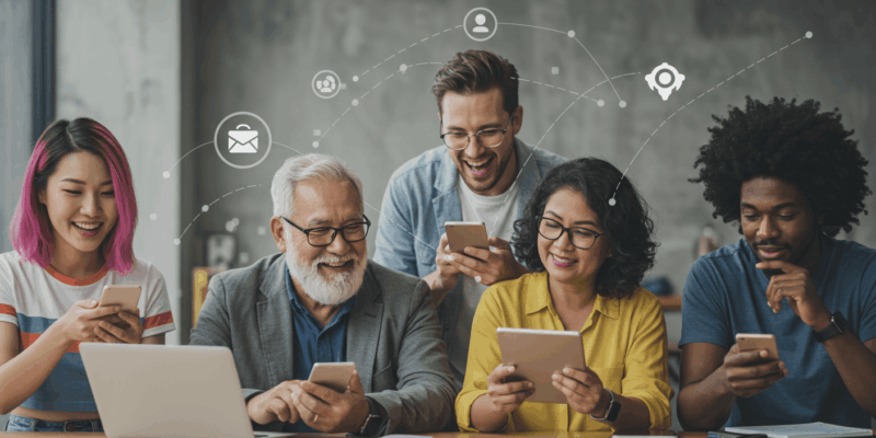 a group of diverse people communicating through various digital devices with a subtle network overlay