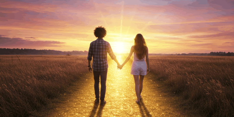 A couple holding hands walking towards a bright future symbolizing new beginnings