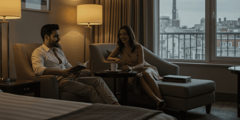 a cozy indoor scene of a couple relaxing in a hotel room reading and chatting creating a comfortable atmosphere