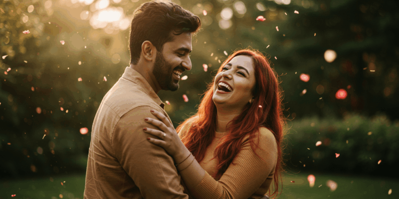 a vibrant and passionate couple laughing and embracing in a romantic setting symbolizing revived intimacy and connection