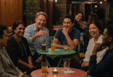 a diverse group of people communicating through various body language cues in a social gathering