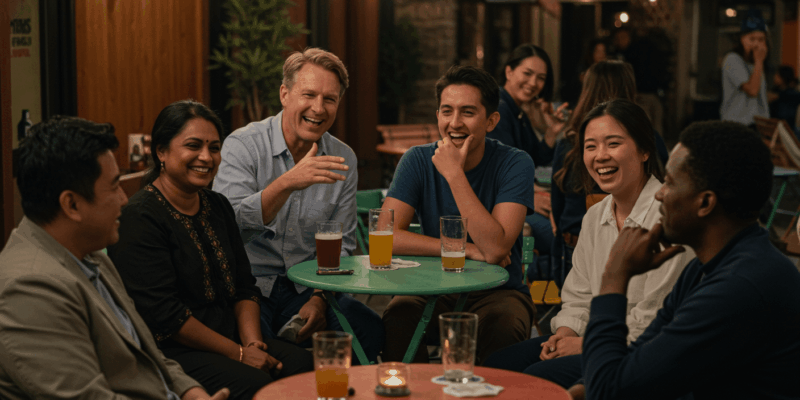 a diverse group of people communicating through various body language cues in a social gathering