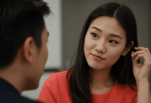 a single woman subtly adjusting her hair and making eye contact with someone off-frame suggesting flirtatious behavior