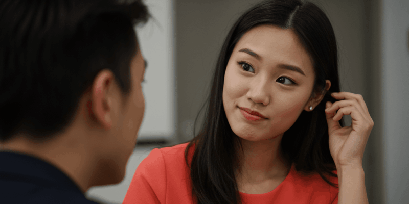 a single woman subtly adjusting her hair and making eye contact with someone off-frame suggesting flirtatious behavior