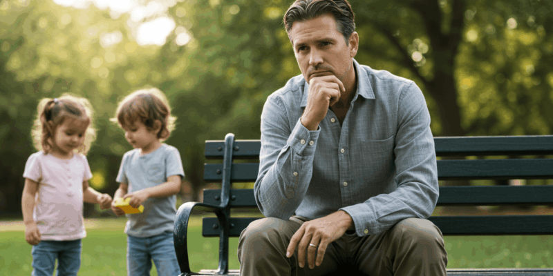 A man contemplating his marriage while looking at his children in the foreground representing the influence of children on divorce decisions