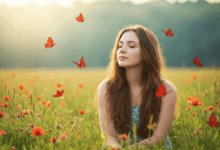 A dreamlike scene with multiple red butterflies flitting around a person's head suggesting overcoming fears and finding inner peace in a serene environment