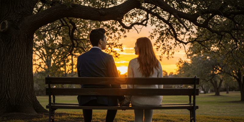 A couple sitting on a park bench under a tree holding hands and looking at a beautiful sunset conveying a sense of deep connection and future planning