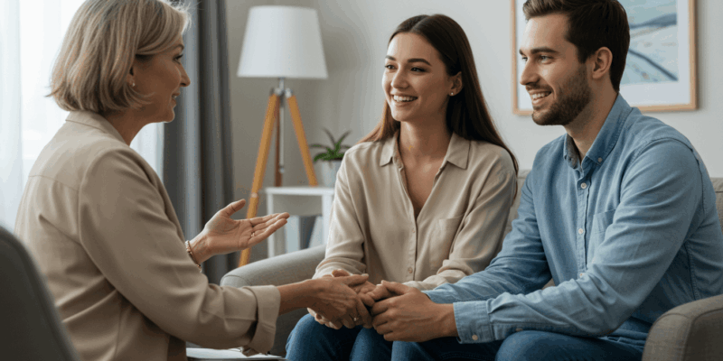 a therapist gently talking to a couple who are holding hands and smiling as a sign of progress