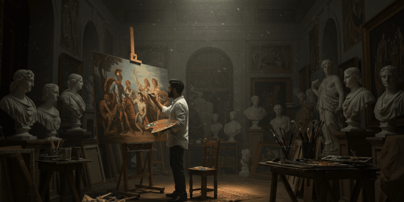 painter creating a neoclassical masterpiece artist studio with antique sculptures brushes canvas dramatic light academic art style