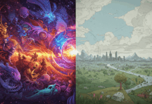 an abstract illustration representing the contrast between fantasy and reality with swirling colors and clear lines